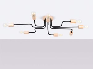 Miniaturka 1 - Lampa sufitowa ośmioramienna z drewnianymi oprawkami czarne ramiona