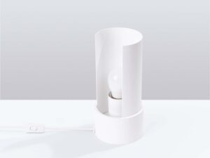 Miniaturka 1 - Biała lampka nocna stołowa z widoczną żarówką