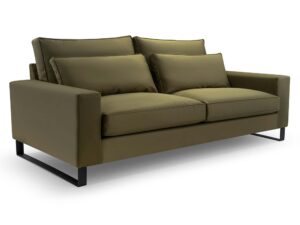 Miniaturka 7 - Sofa trzyosobowa oliwkowa welurowa z poduszkami na metalowych nogach
