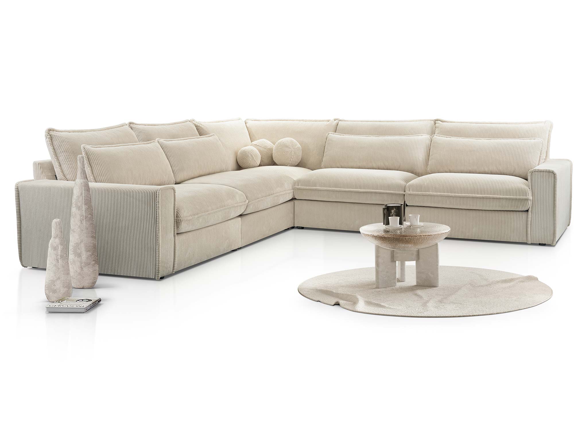 Cremefarbenes modulares Cord-Ecksofa mit weichen Rückenkissen