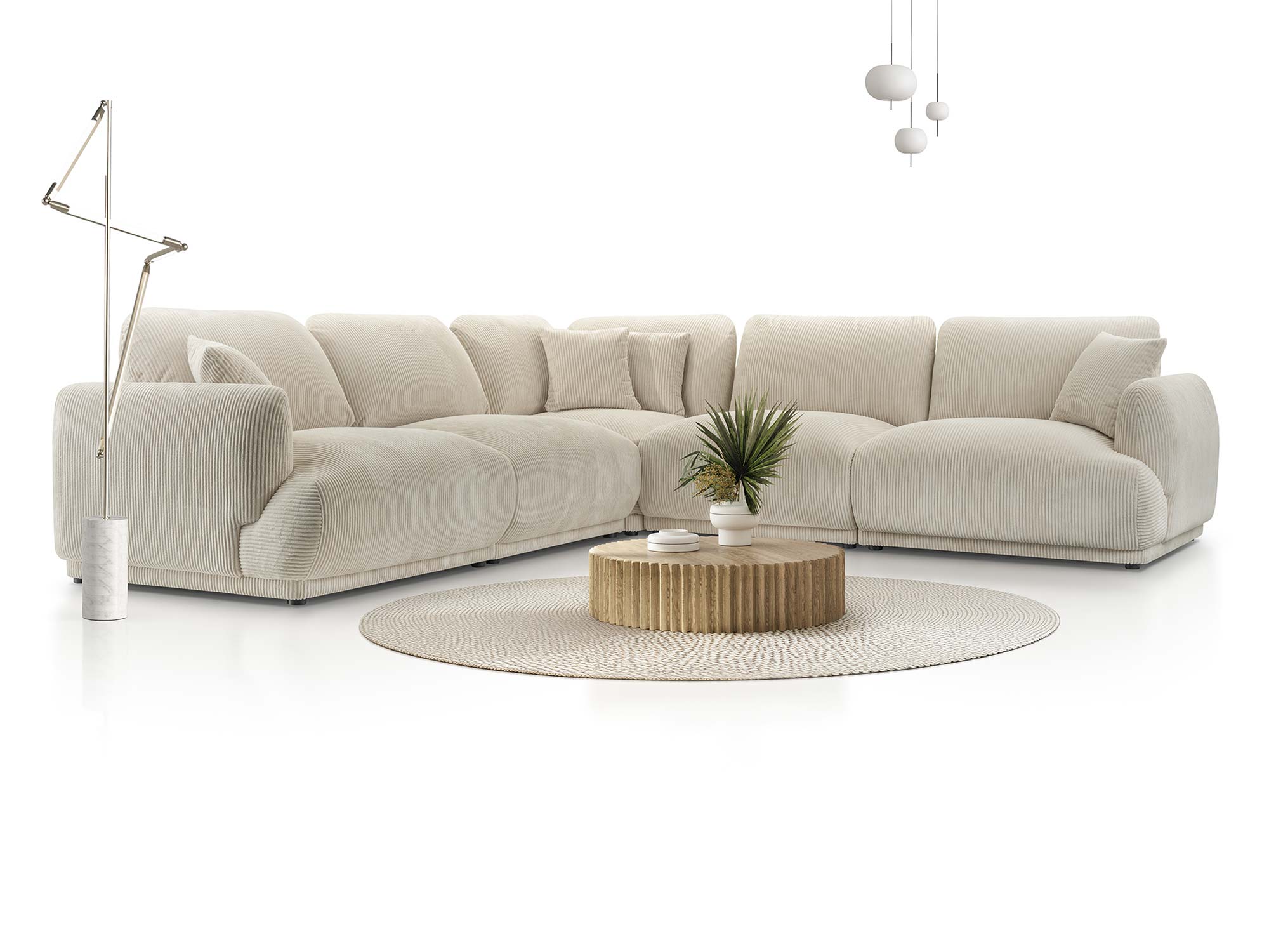 Abgerundetes Ecksofa cremefarbener Cord mit weichen Kissen im Arrangement