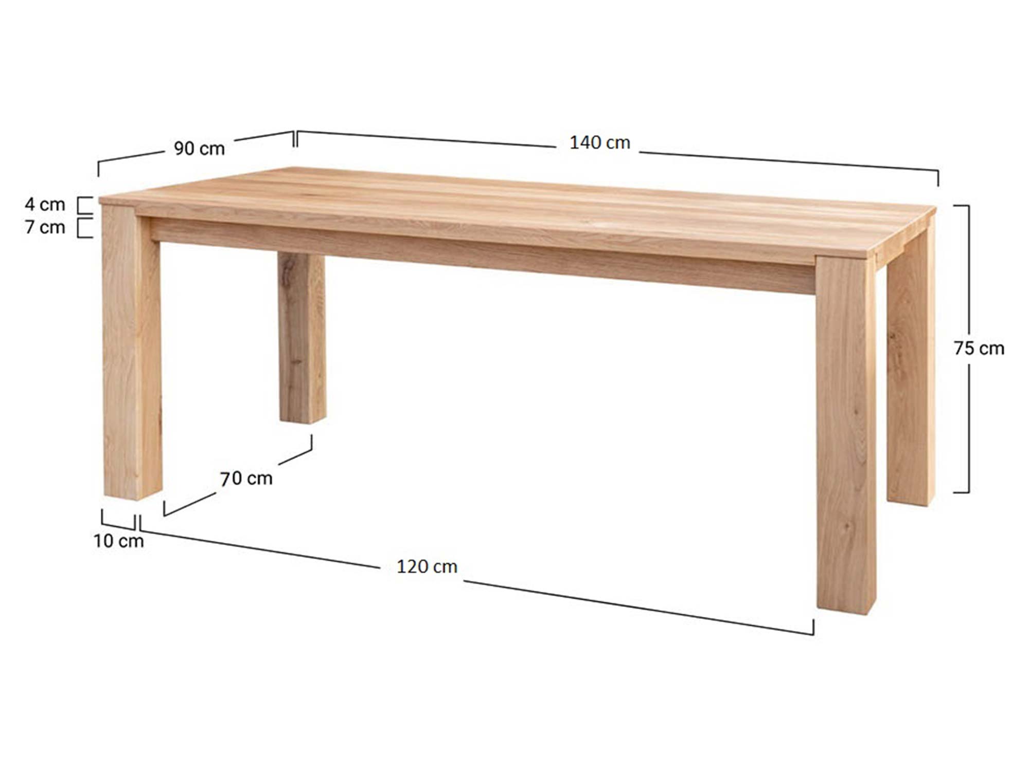 Schemat wymiarów stołu dębowego 90x140cm wysokość 75cm