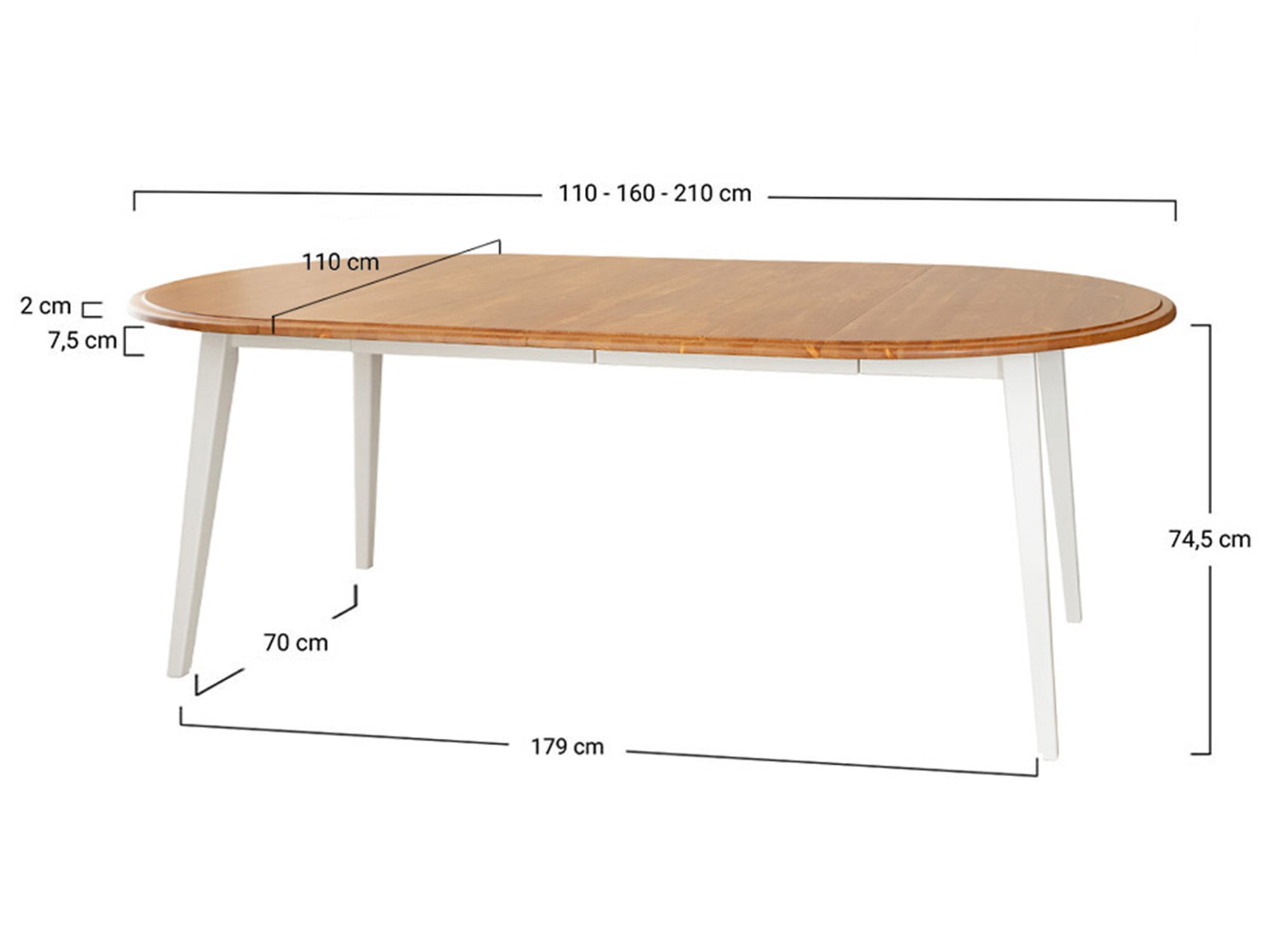 Schemat wymiarów stołu rozkładanego owalnego z blatem dębowym 110-210x110x74,5cm