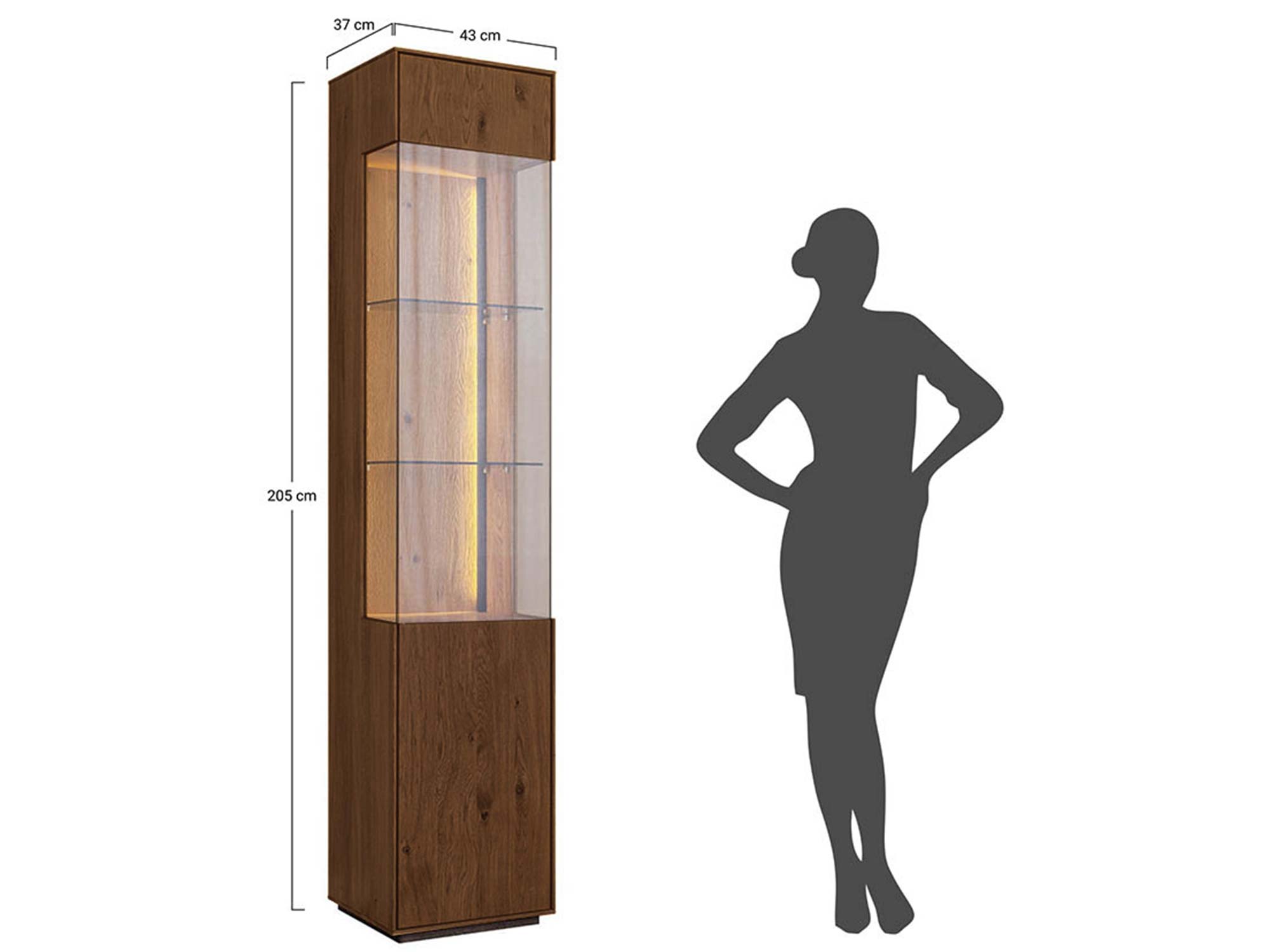 Schemat wymiarów witryny z podświetleniem LED 37x43x205cm