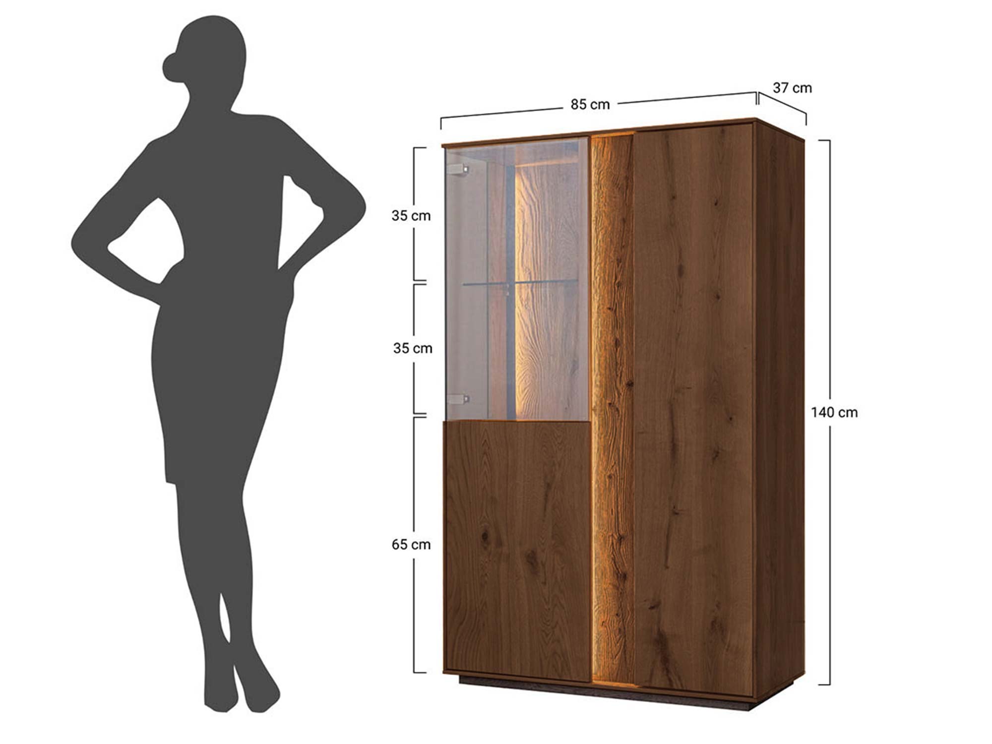 Schemat wymiarów witryny tabacco dębowej z sylwetką 85x37x140cm