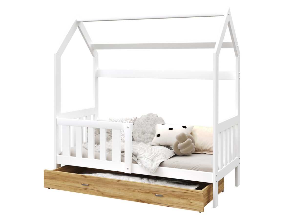 Kinderhausbett aus Kiefernholz mit Rausfallschutz und Schublade Bella