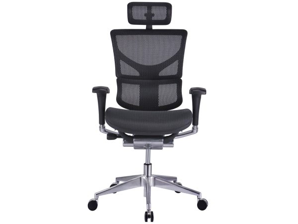 Černá ergonomická síťovaná kancelářská židle s opěrkou hlavy, čelní pohled