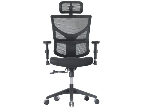 Černá ergonomická síťovaná kancelářská židle s opěrkou hlavy, čelní pohled