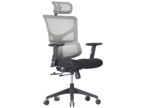 Šedá ergonomická síťovaná kancelářská židle s opěrkou hlavy, perspektiva