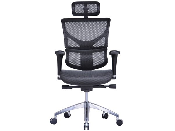 Černá ergonomická síťovaná kancelářská židle s opěrkou hlavy, čelní pohled