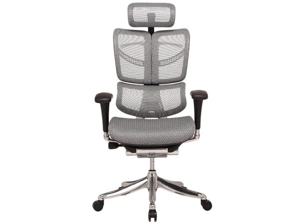 Šedá ergonomická síťovaná kancelářská židle s opěrkou hlavy, čelní pohled