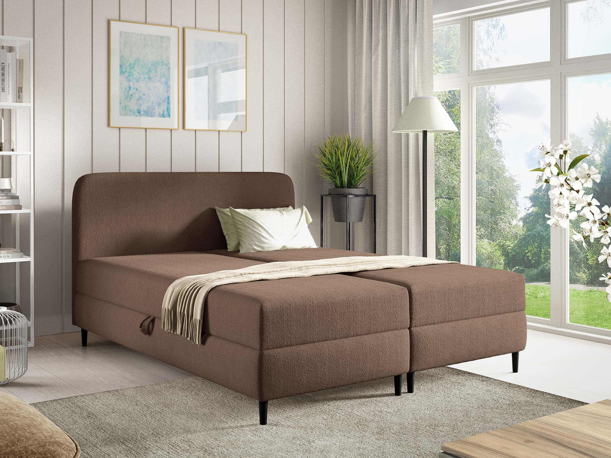 Beige Bett aus Bouclé-Stoff mit abgerundetem Kopfteil