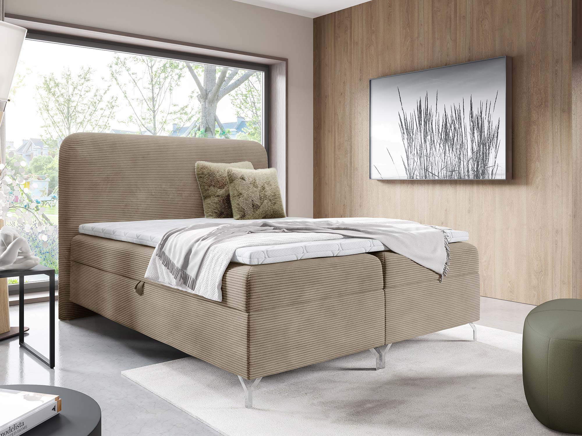 Boxspringbett beige in geripptem Cord im Schlafzimmer-Arrangement Boxspringbett beige in geripptem Cord im Schlafzimmer-Arrangement