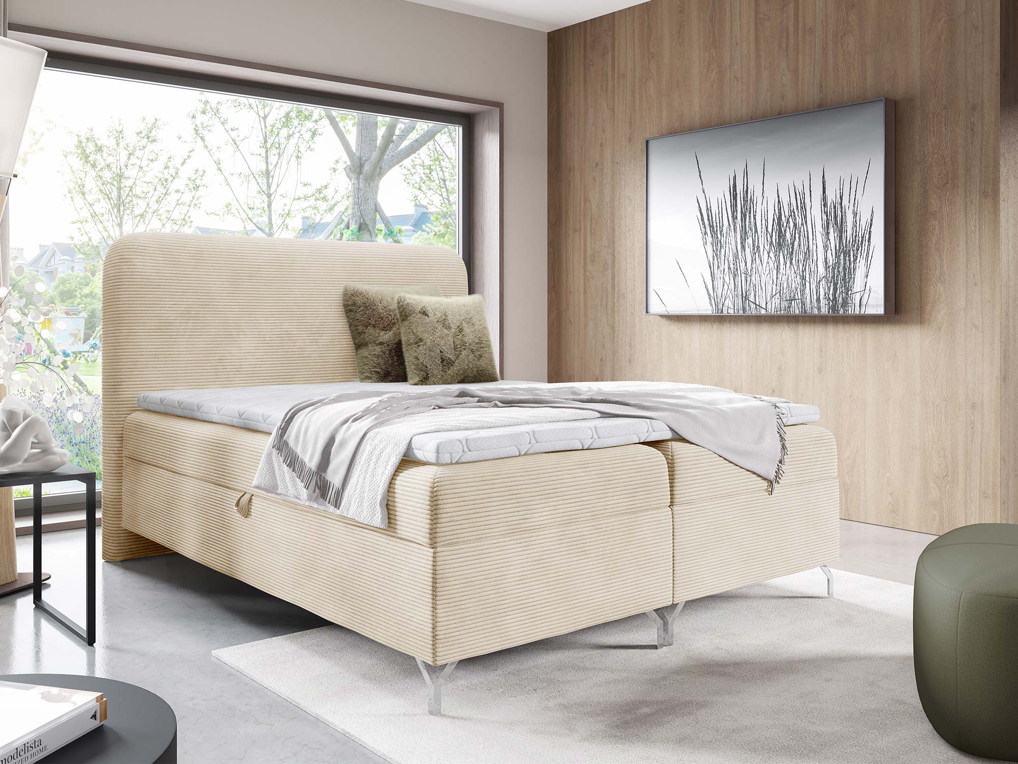 Cremefarbenes Boxspringbett in geripptem Cord im Schlafzimmer-Arrangement Cremefarbenes Boxspringbett in geripptem Cord im Schlafzimmer-Arrangement