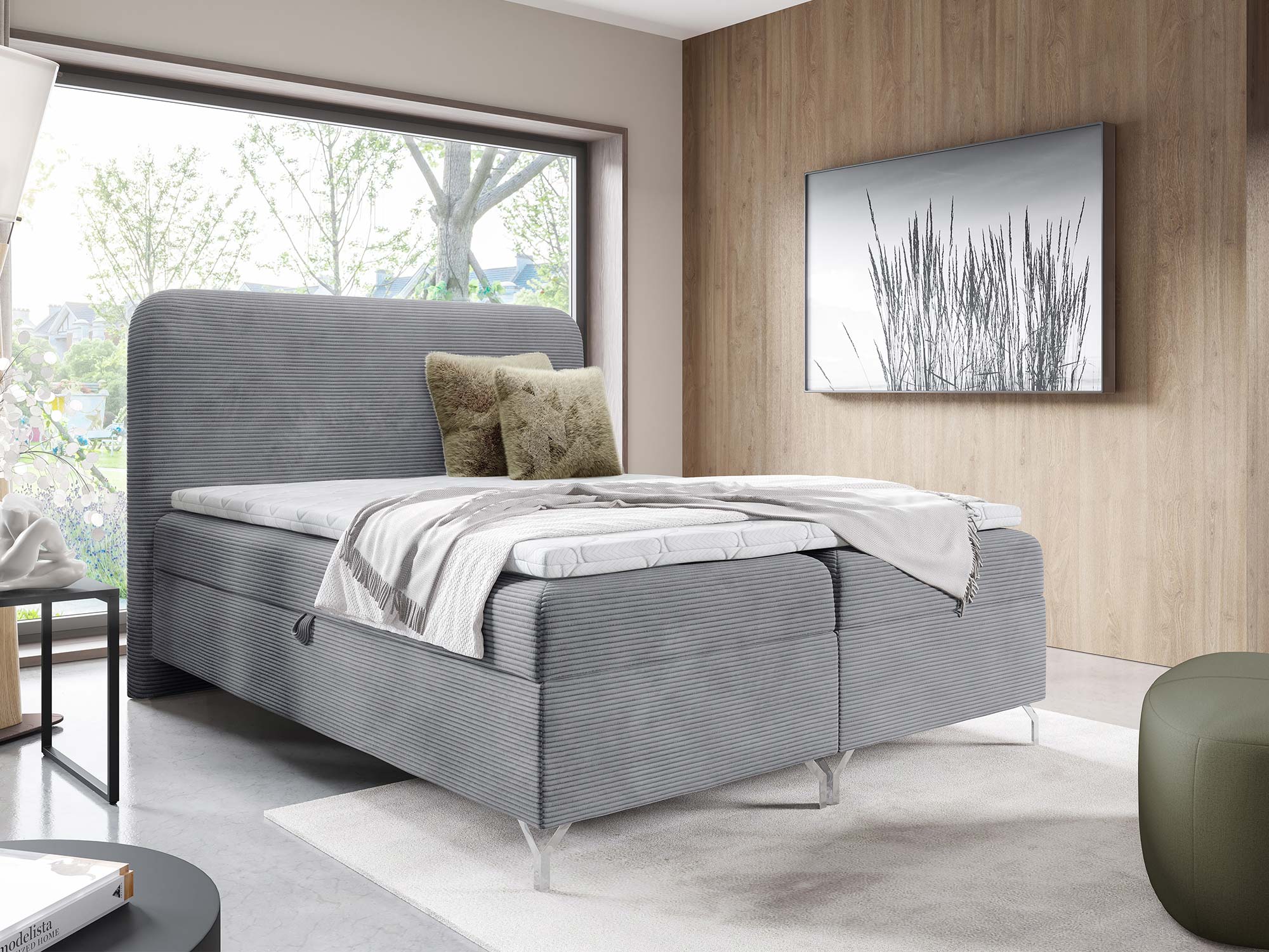 Graues Boxspringbett in geripptem Cord im Schlafzimmer-Arrangement Graues Boxspringbett in geripptem Cord im Schlafzimmer-Arrangement