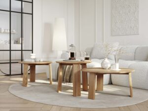 Miniatura 8 - Tři konferenční stolky kulaté dubové v aranžmá moderního obývacího pokoje z pohovkou