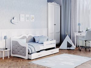 Miniatura 11 - Šedé dětská postel čalouněné s prošívaným čelem v pokoje chlapce