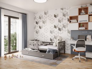 Miniaturka 4 - Szare łóżko dziecięce z szufladą w nowoczesnym pokoju aranżacja