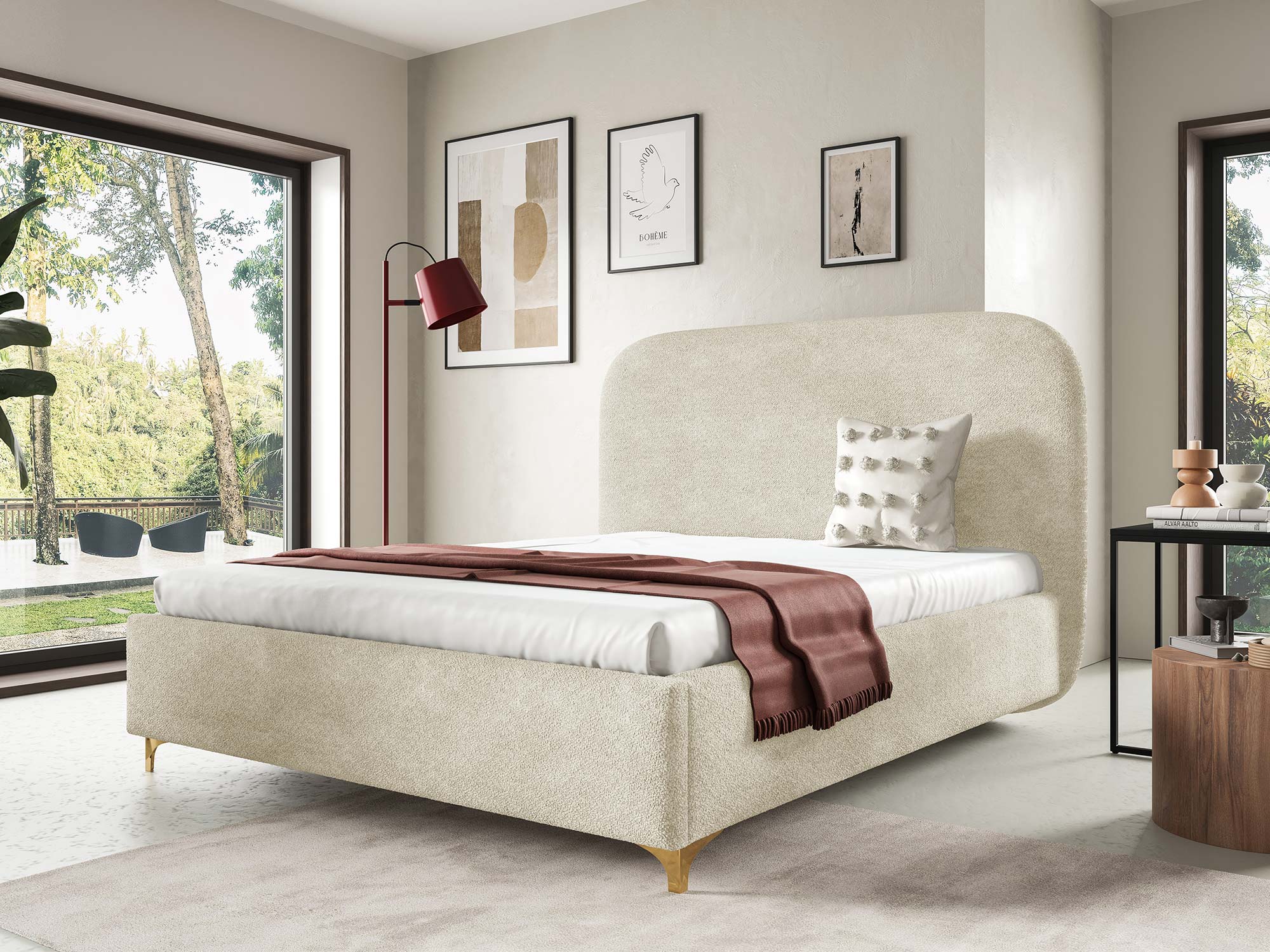 Cremefarbenes Bouclé-Bett mit asymmetrischem, abgerundetem Kopfteil und goldenen Beinen