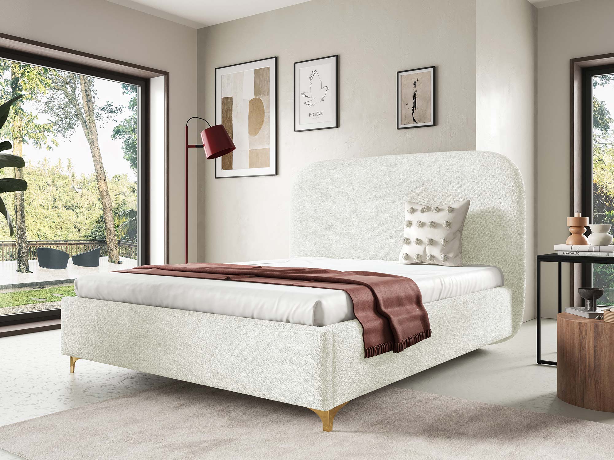 Cremefarbenes Bouclé-Bett mit eleganter, asymmetrischer Rückenlehne, frontal