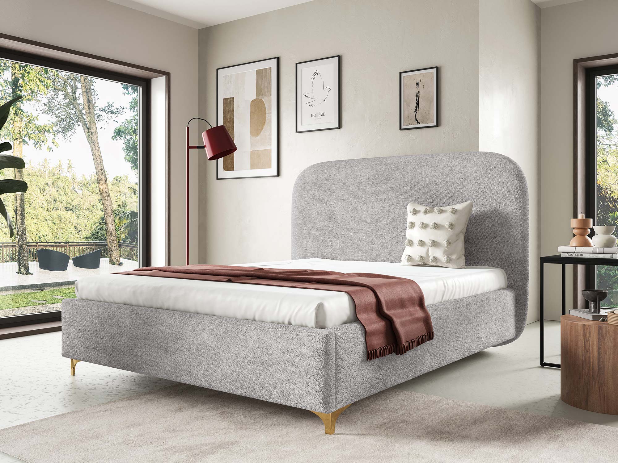 Graues Bouclé-Bett mit modernem, asymmetrischem, abgerundetem Kopfteil