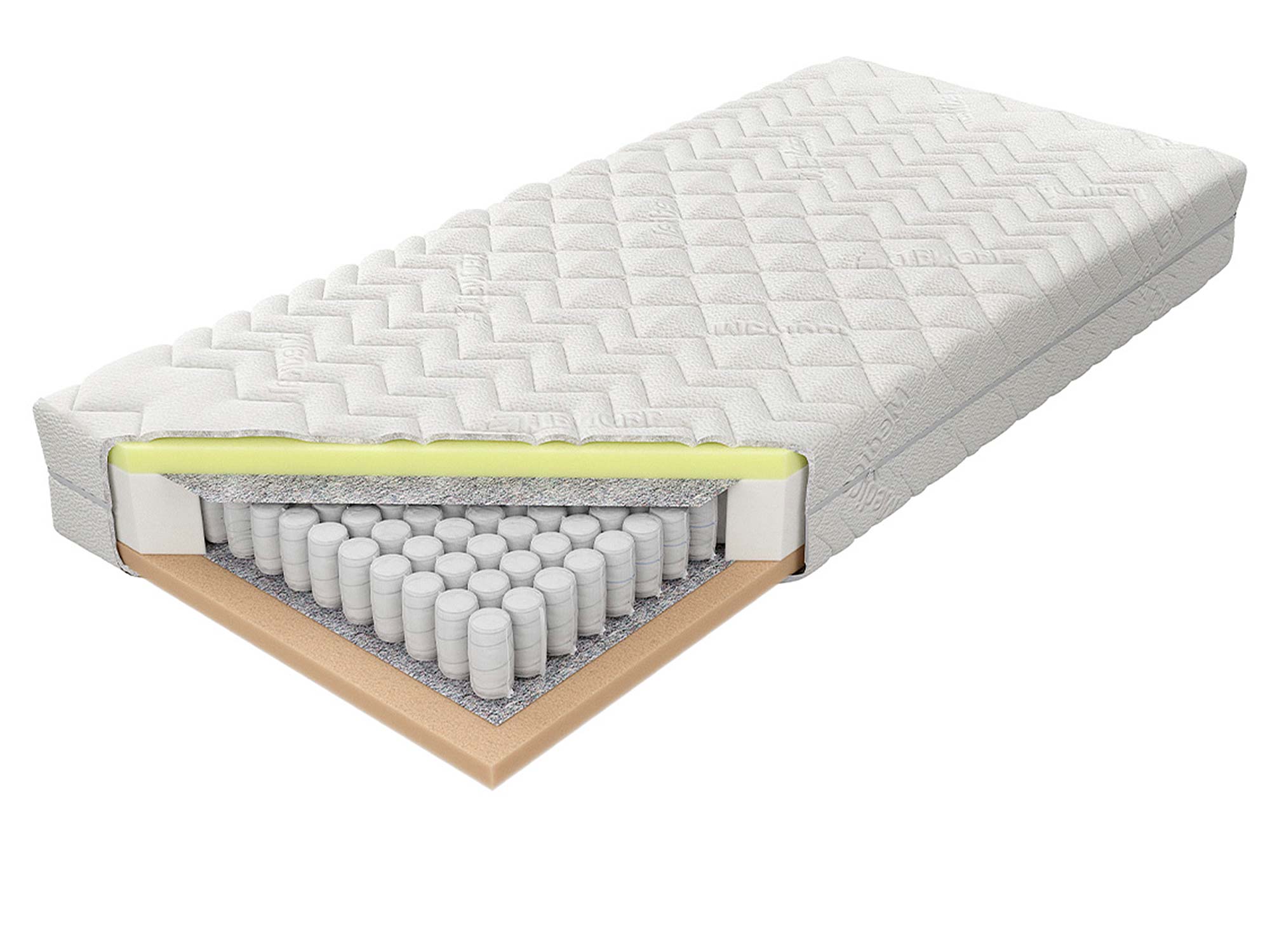 Materac siedmiostrefowy z widocznym przekrojem warstw na białym tle miniatura