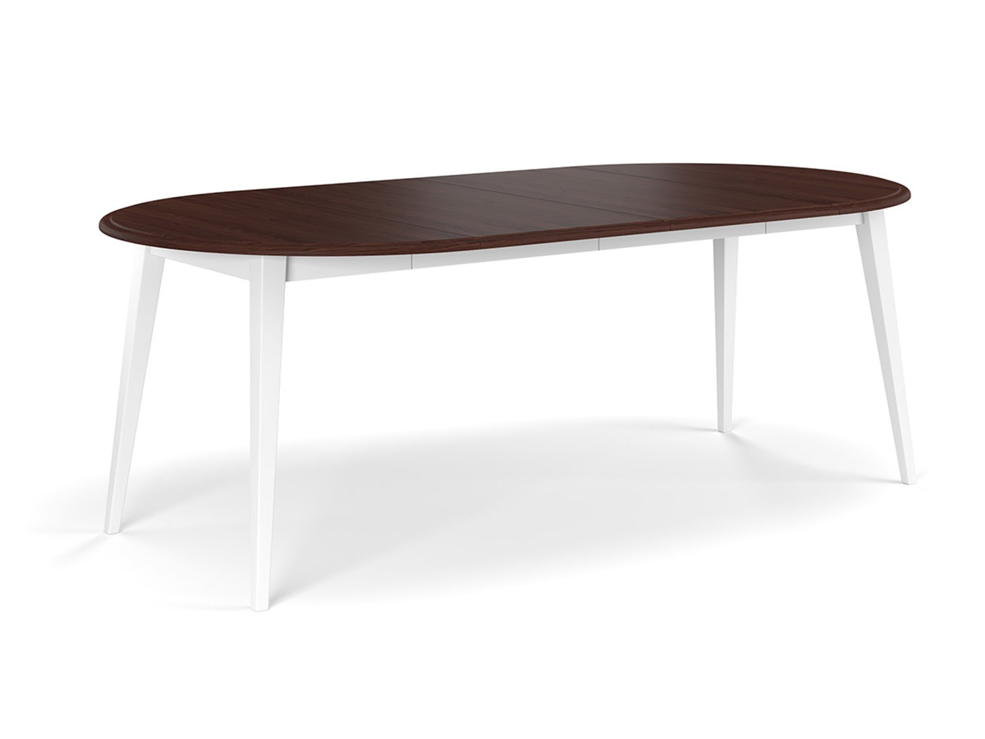 Stół rozkładany owalny z blatem orzechowym ciemnym i białymi nogami na białym tle miniatura