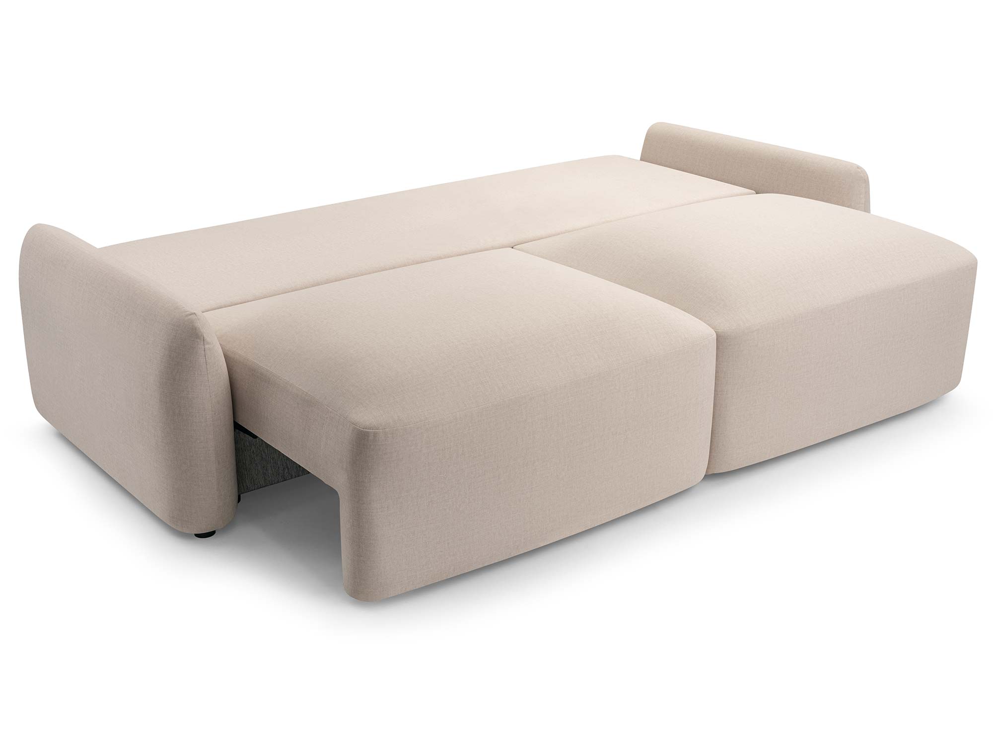 Ausgeklapptes beiges Sofa mit flacher Schlaffläche