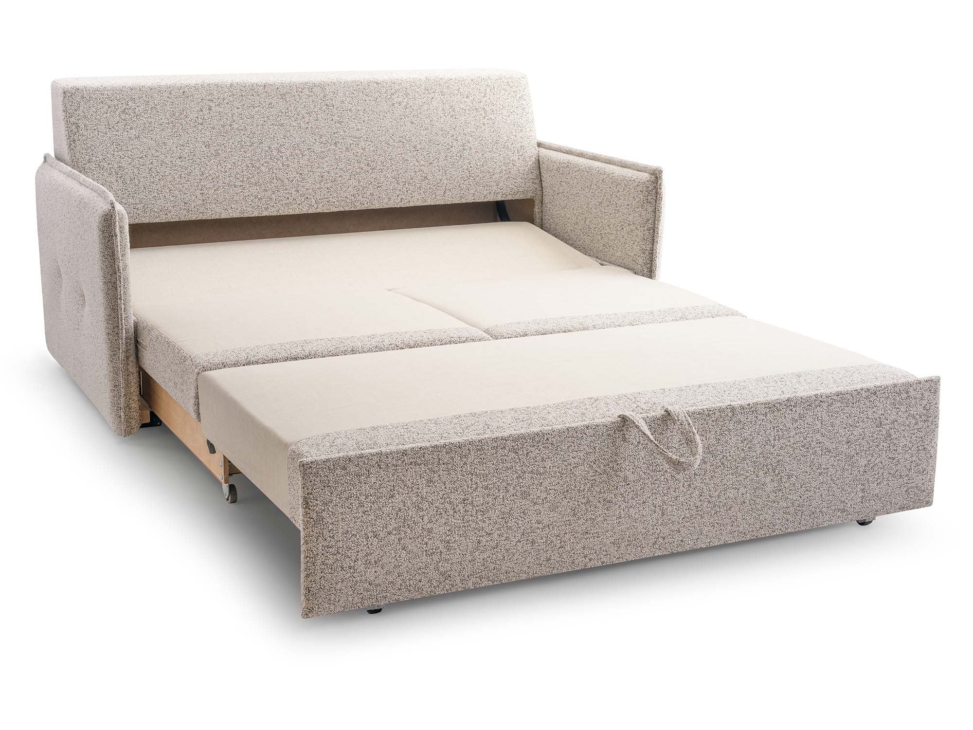 Ausgeklapptes Sofa mit Schlaffläche in graubeiger Bouclé-Polsterung