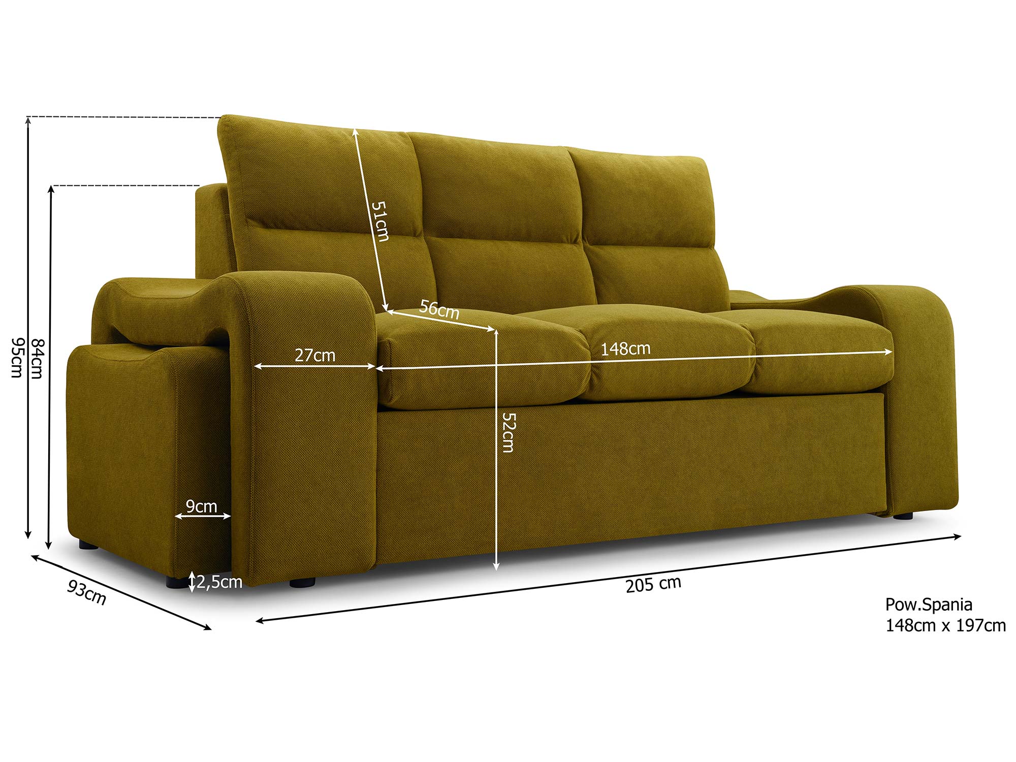 Maßschema eines Dreisitzer-Sofas mit Maßangaben in Zentimetern