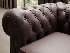 Miniaturka 4 - Sofa Chesterfield brązowa welurowa detal pikowania i podłokietnika