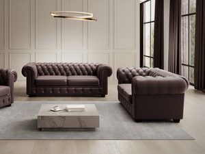 Miniaturka 2 - Zestaw Chesterfield brązowy sofa fotel w eleganckim salonie aranżacja