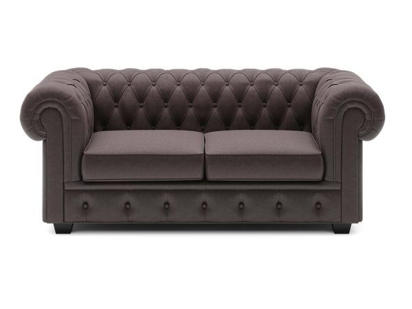 Sofa Chesterfield brązowa welurowa dwuosobowa widok frontalny