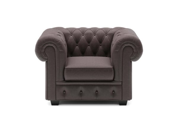 Fotel Chesterfield brązowy welurowy pikowany widok frontalny