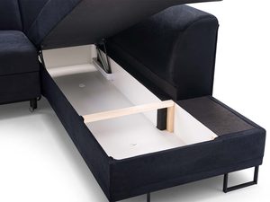 Miniatura 3 - Tmavě modrý čalouněná rohová sedačka v tvaru L z otevřeným úložným prostorem na lůžkoviny