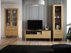 Miniatura 1 - Sestava nábytku ze světlého dubu do moderního obývacího pokoje, vitríny, TV stolek a komoda