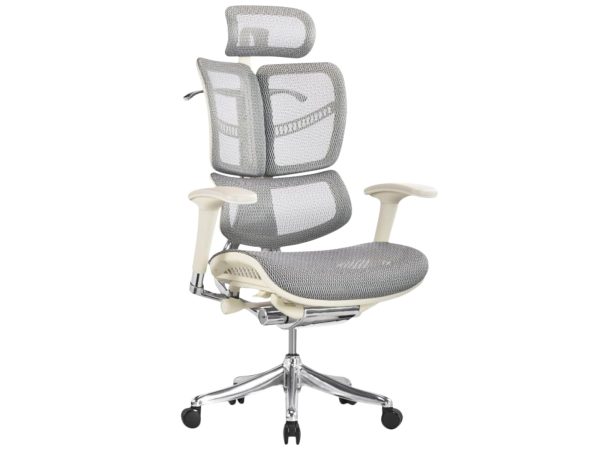 Šedá ergonomická síťovaná kancelářská židle s opěrkou hlavy, perspektiva