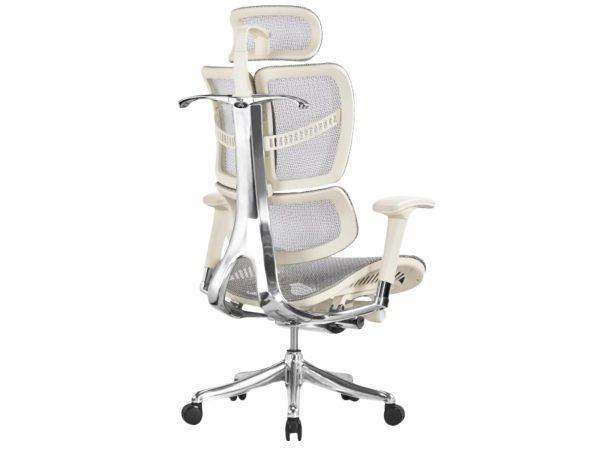 Weißer ergonomischer Netz-Bürostuhl mit Kopfstütze, Perspektivansicht