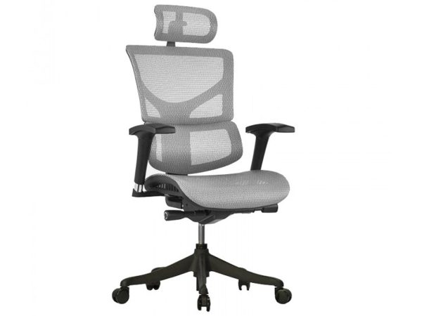 Šedá ergonomická síťovaná kancelářská židle s opěrkou hlavy, perspektiva