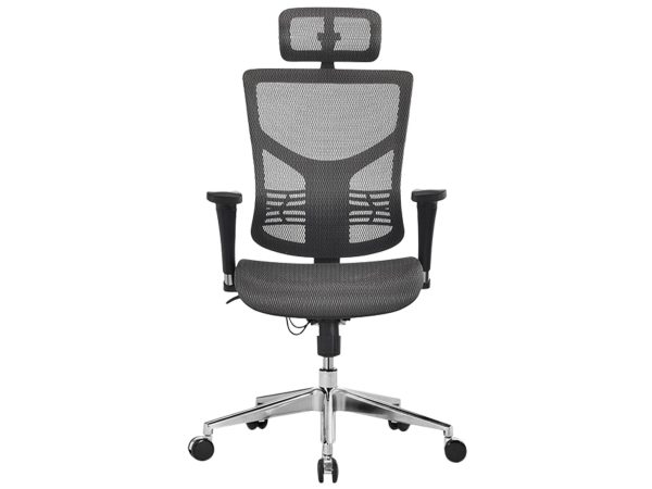 Šedá ergonomická síťovaná kancelářská židle s opěrkou hlavy, čelní pohled