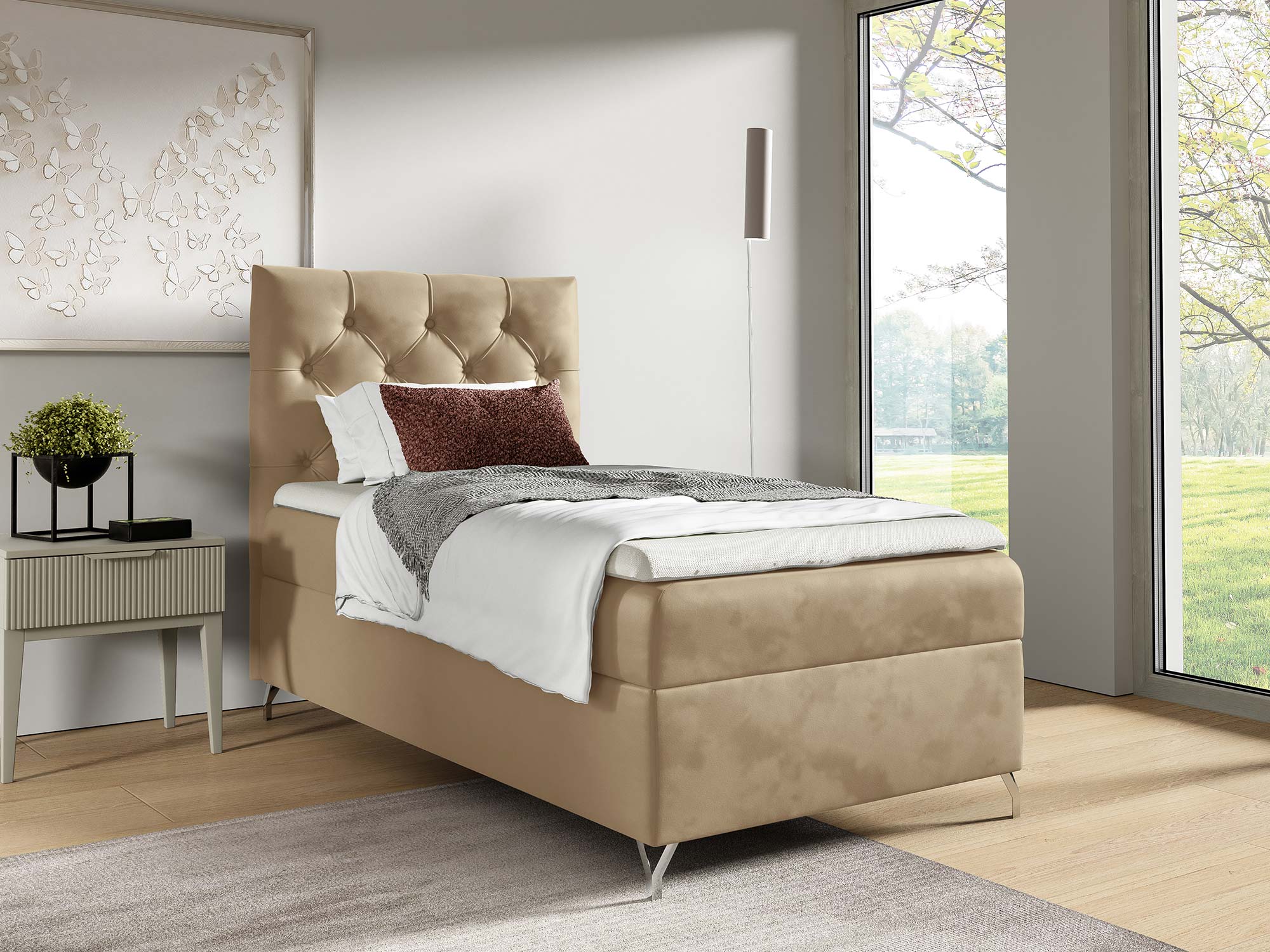 Beige gepolstertes Einzelbett mit eleganter Steppung im Schlafzimmer