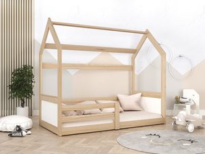 Miniaturka 12 - Sosnowe łóżko dziecięce domek z beżową pościelą w pokoju dziecięcym