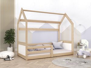 Miniaturka 13 - Łóżko dziecięce domek sosnowe z fioletową pościelą w pokoju