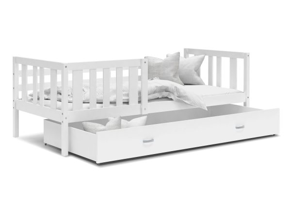 Dětská postel bílé s bílou zásuvkou a barierkami perspektiva