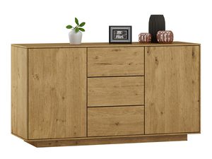 Miniatúra 2 - Dubová komoda svetlá, široká, s dvierkami a tromi zásuvkami na podstavci, dekorácie