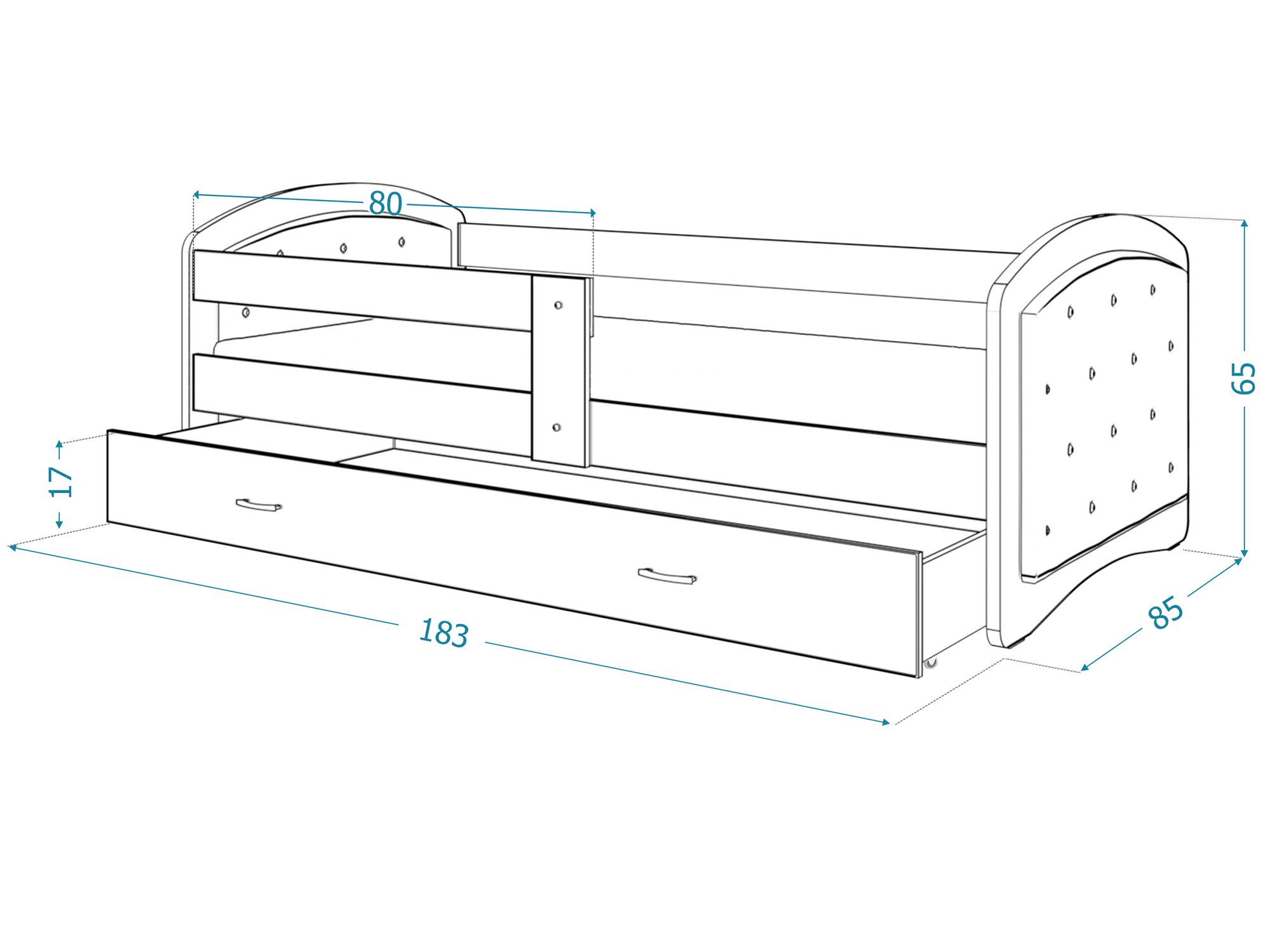Kinderbett mit gestepptem Kopfteil Maße 183x85 cm technische Zeichnung Kinderbett mit gestepptem Kopfteil Maße 183x85 cm technische Zeichnung