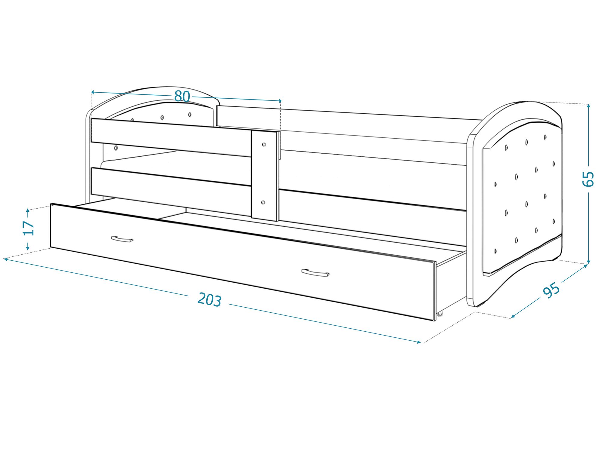 Kinderbett mit gestepptem Kopfteil Maße 203x95 cm technische Zeichnung Kinderbett mit gestepptem Kopfteil Maße 203x95 cm technische Zeichnung