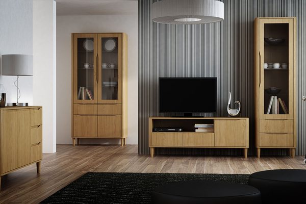 Komplet mebli salonowych dębowych z witrynami i szafką pod telewizor