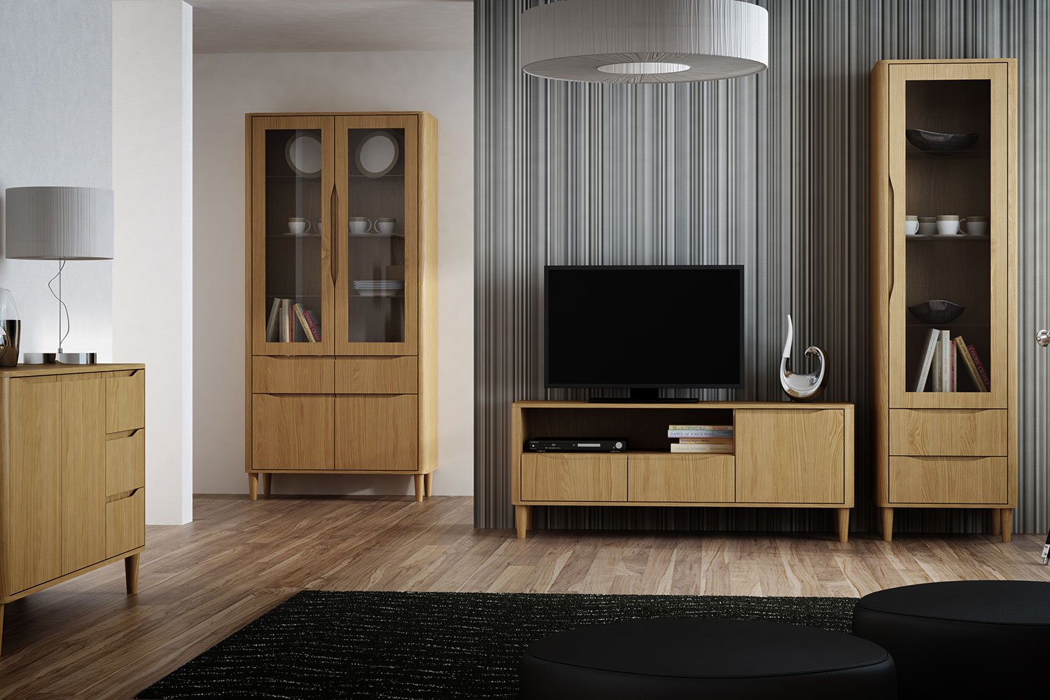 Komplet mebli salonowych dębowych z witrynami i szafką pod telewizor