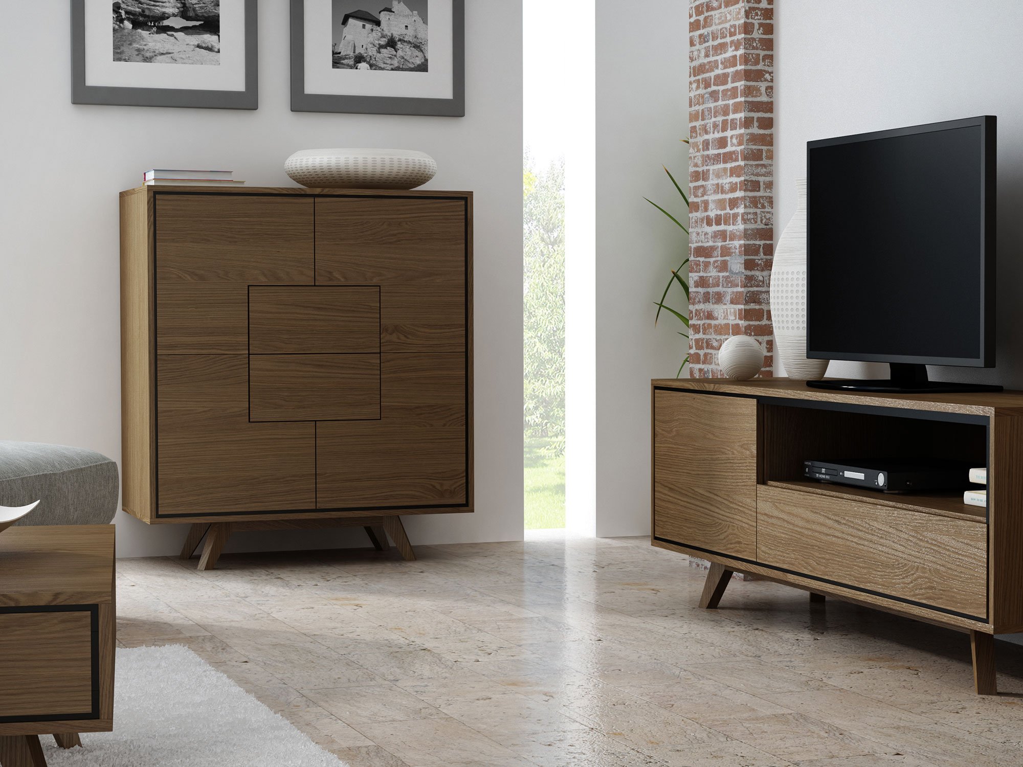 Drewniany highboard i szafka RTV na ukośnych nogach w stylu retro
